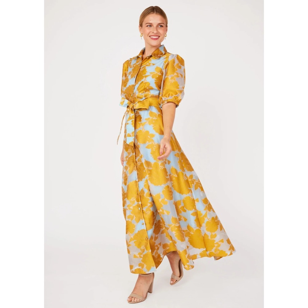 Gold Floral Maxi Shirt Dress with Tie Belt in Light Blue - Picture 3 of 9